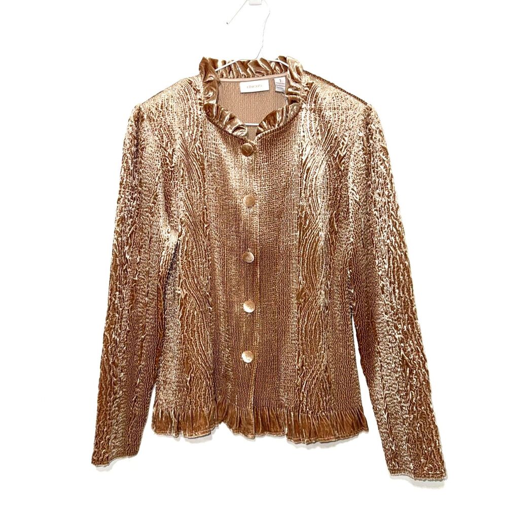 Chico's Keily Crinkle Velvet Ruffle Trim Jacket - Gold 1